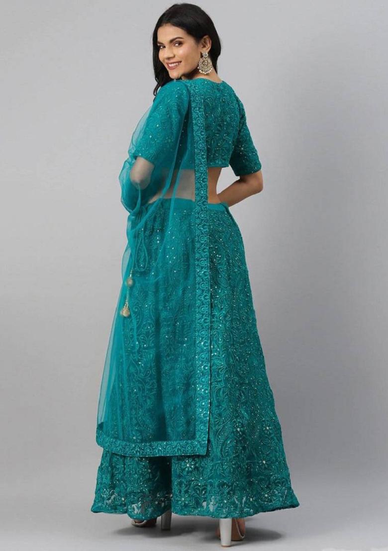 Teal Green Embroidered Net Lehenga Set