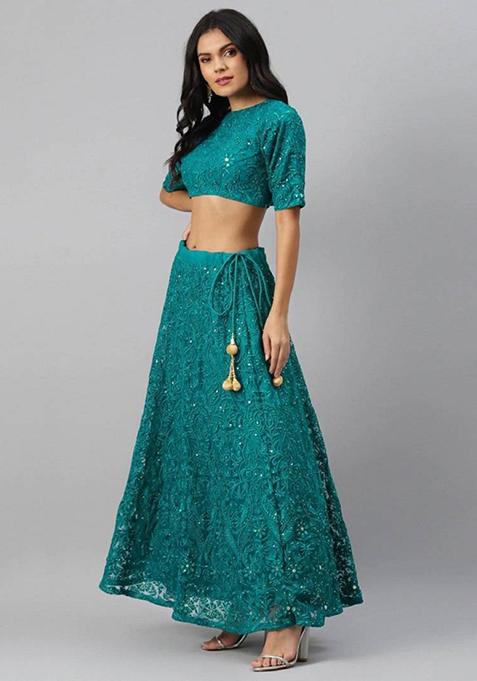 Teal Green Embroidered Net Lehenga Set