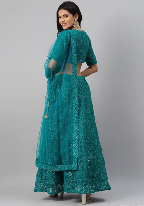 Teal Green Embroidered Net Lehenga Set