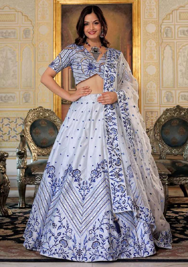 White Net Lehenga Set with Embroidered for Diwali | Wedding & Festive Wear - Indya