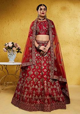 Red Embroidered Silk Lehenga Set