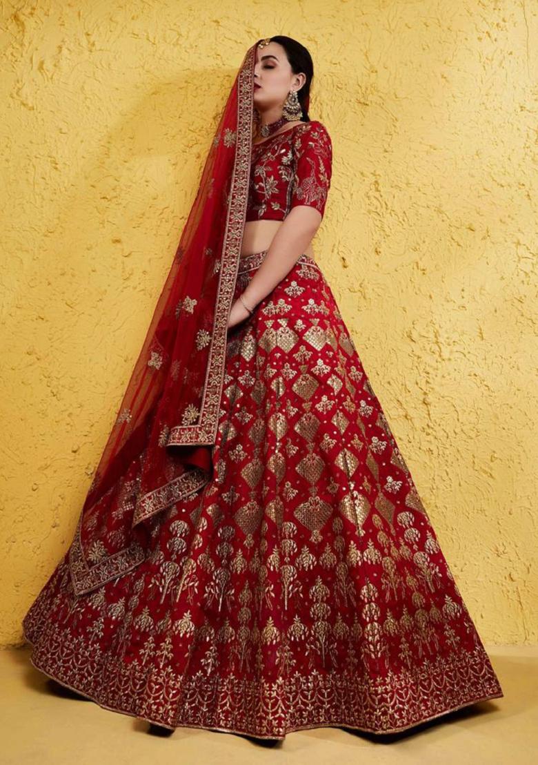 Red Embroidered Silk Lehenga Set