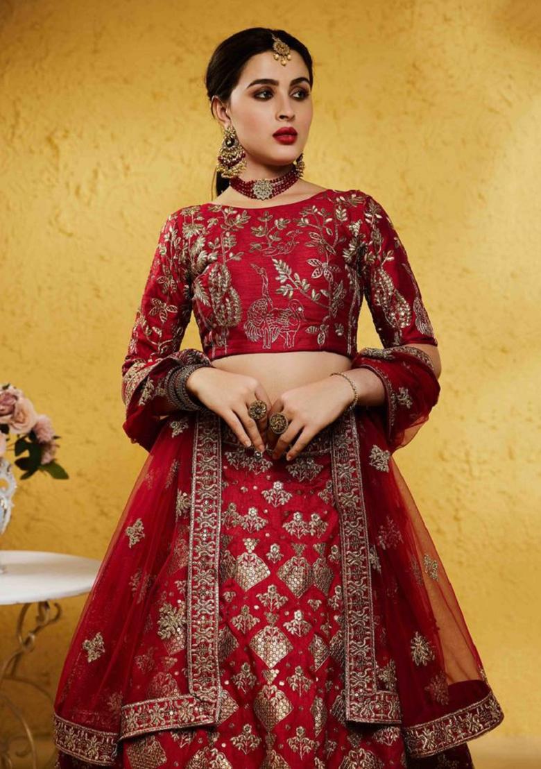Red Embroidered Silk Lehenga Set