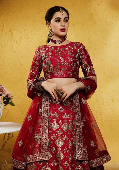 Red Embroidered Silk Lehenga Set