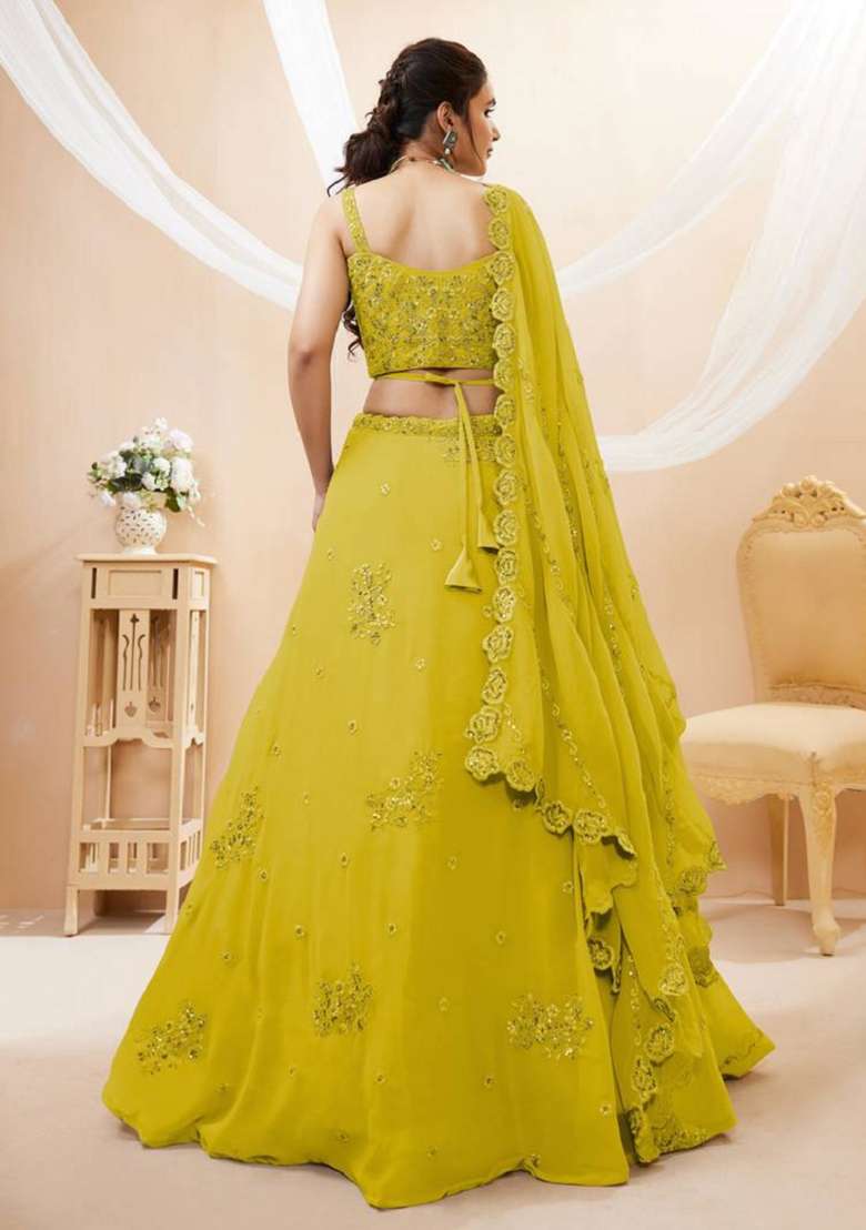 Neon Green Embroidered Georgette Lehenga Set for Diwali and Festive Wear - Indya