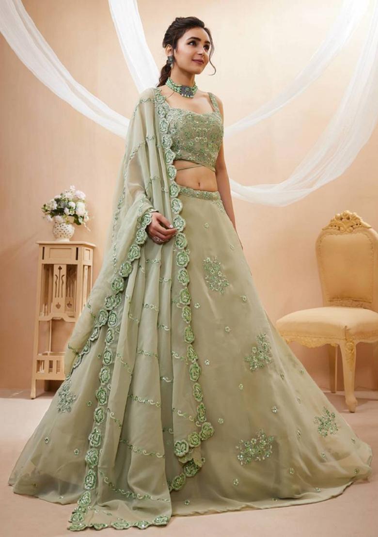 Pista Green Embroidered Georgette Lehenga Set