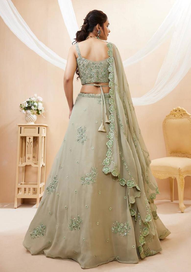 Pista Green Embroidered Georgette Lehenga Set