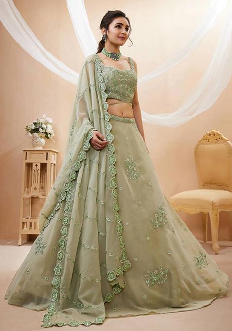 Pista Green Embroidered Georgette Lehenga Set