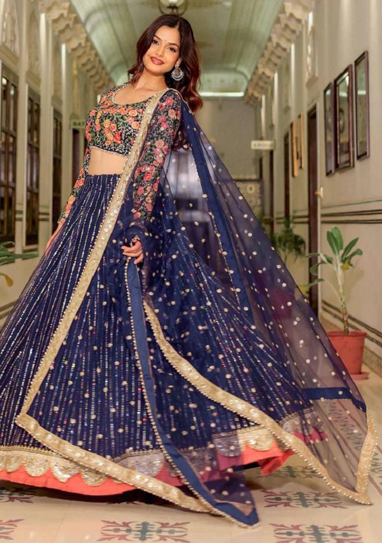 Blue Embroidered Net Lehenga Set