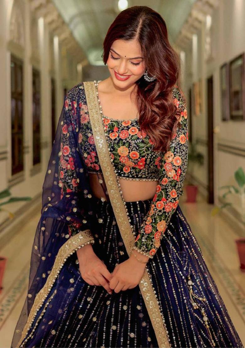 Blue Embroidered Net Lehenga Set