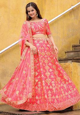 Peach Embroidered Silk Lehenga Set