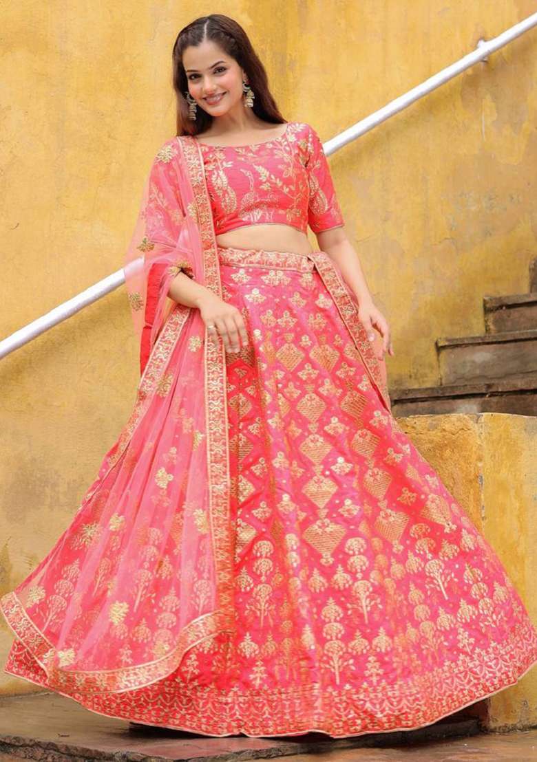 Peach Silk Blend Lehenga Set with Embroidered for Diwali | Wedding & Festive Wear - Indya