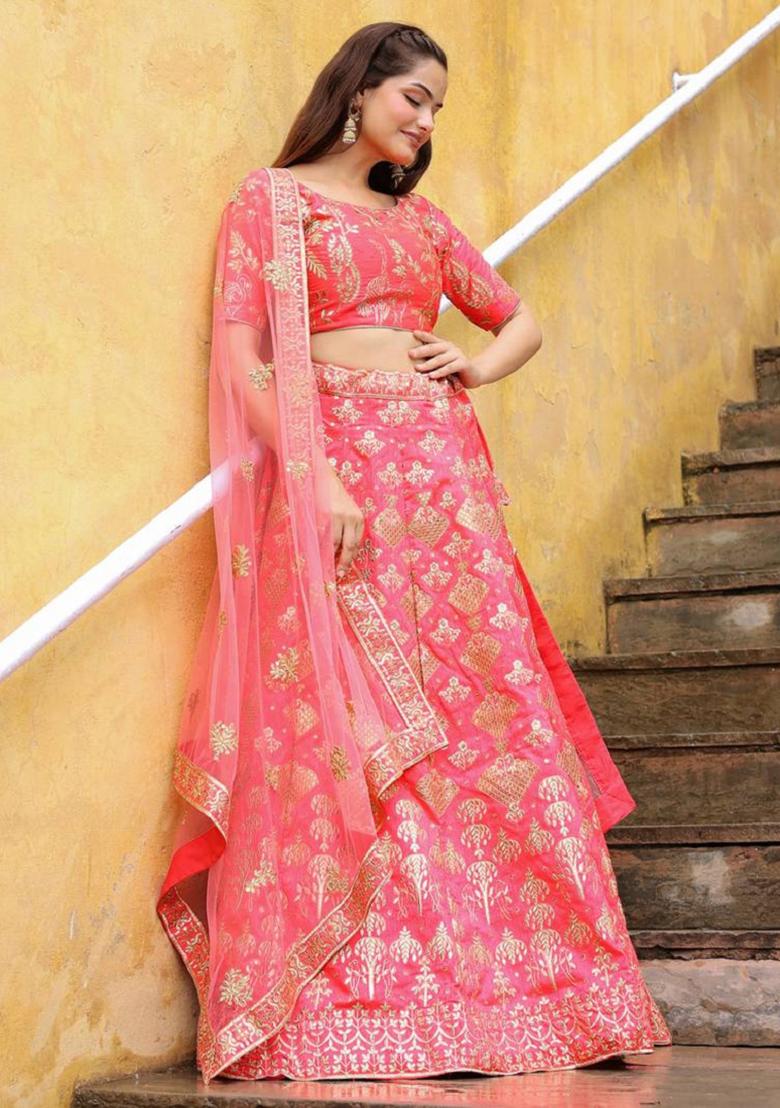 Peach Embroidered Silk Lehenga Set