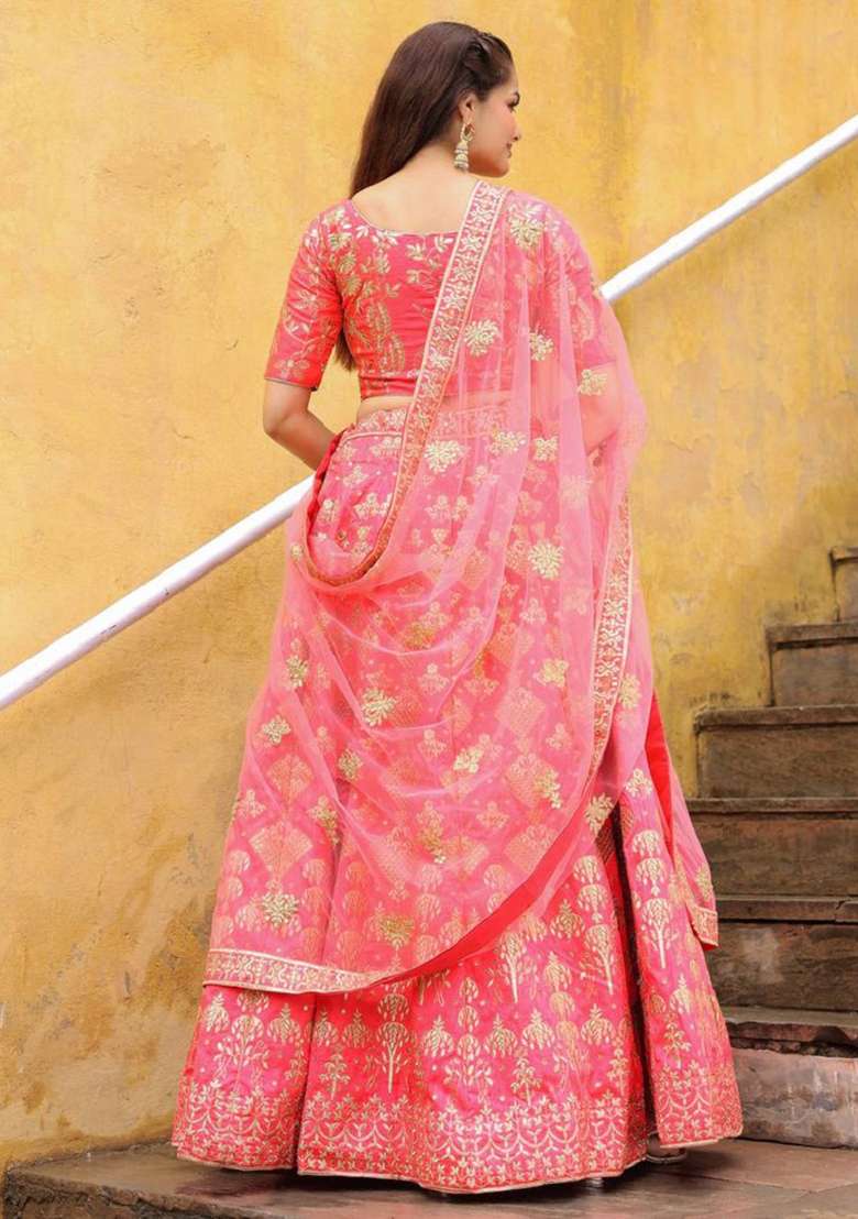 Peach Silk Blend Lehenga Set with Embroidered for Diwali | Wedding & Festive Wear - Indya