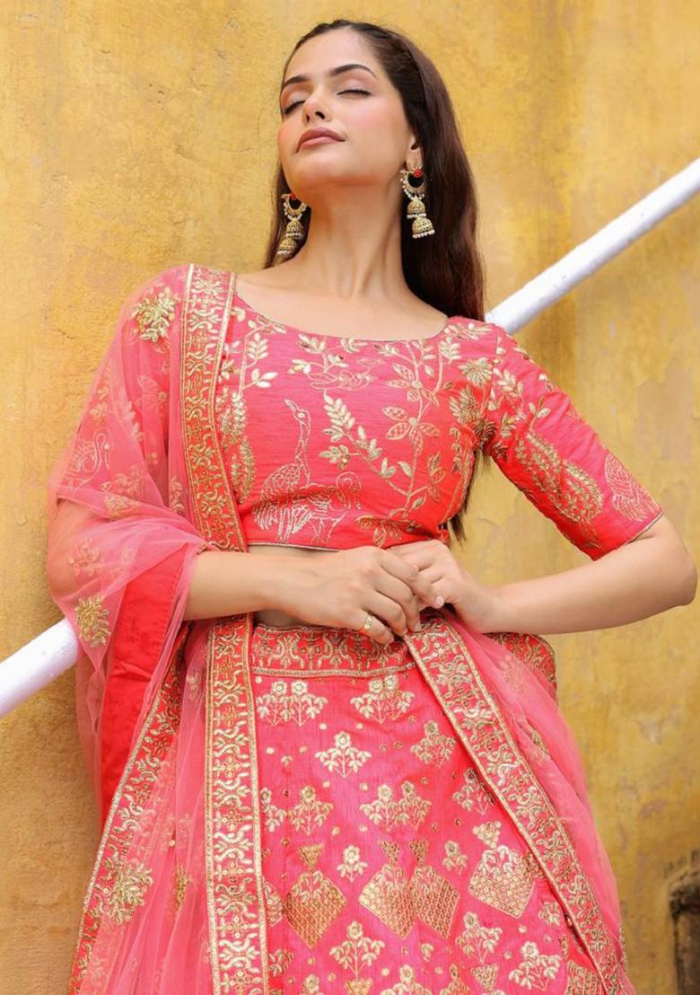 Peach Embroidered Silk Lehenga Set