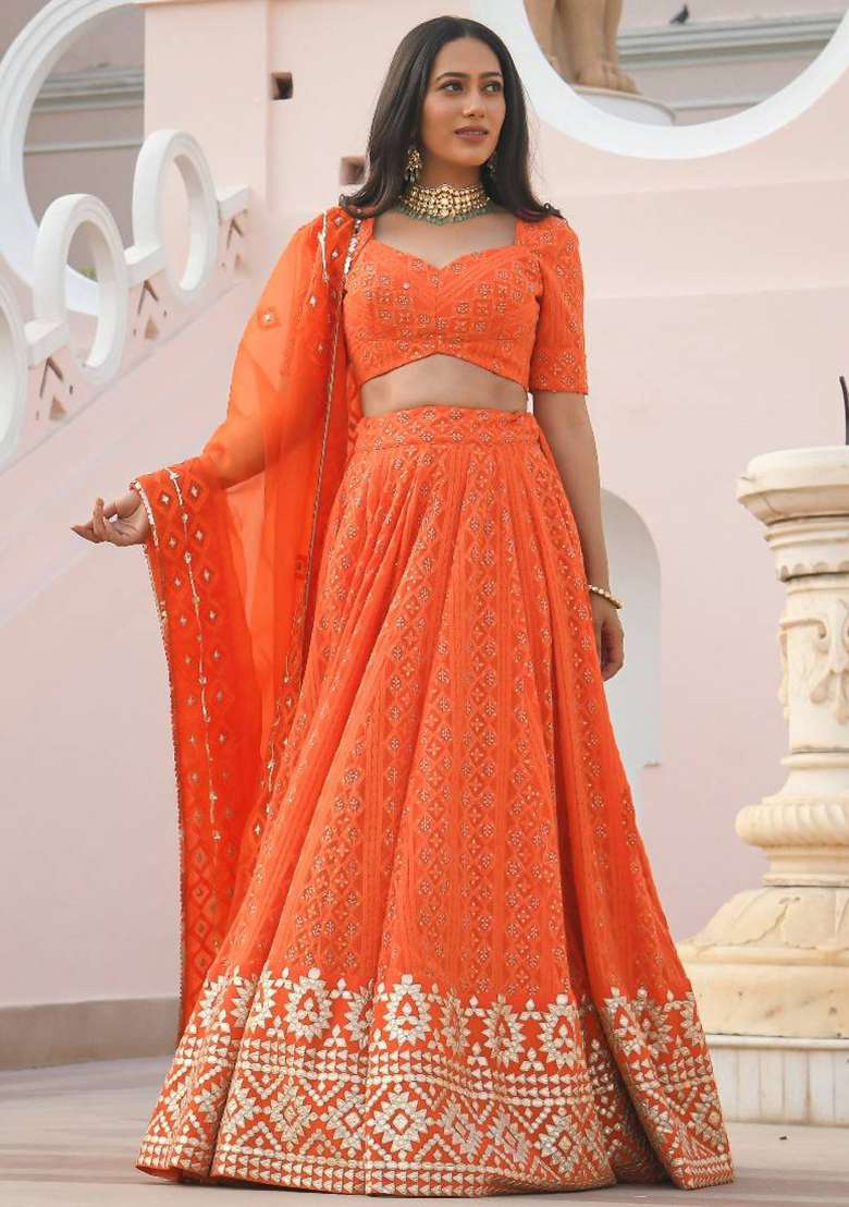 Orange Embroidered Georgette Lehenga Set for Diwali and Festive Wear - Indya