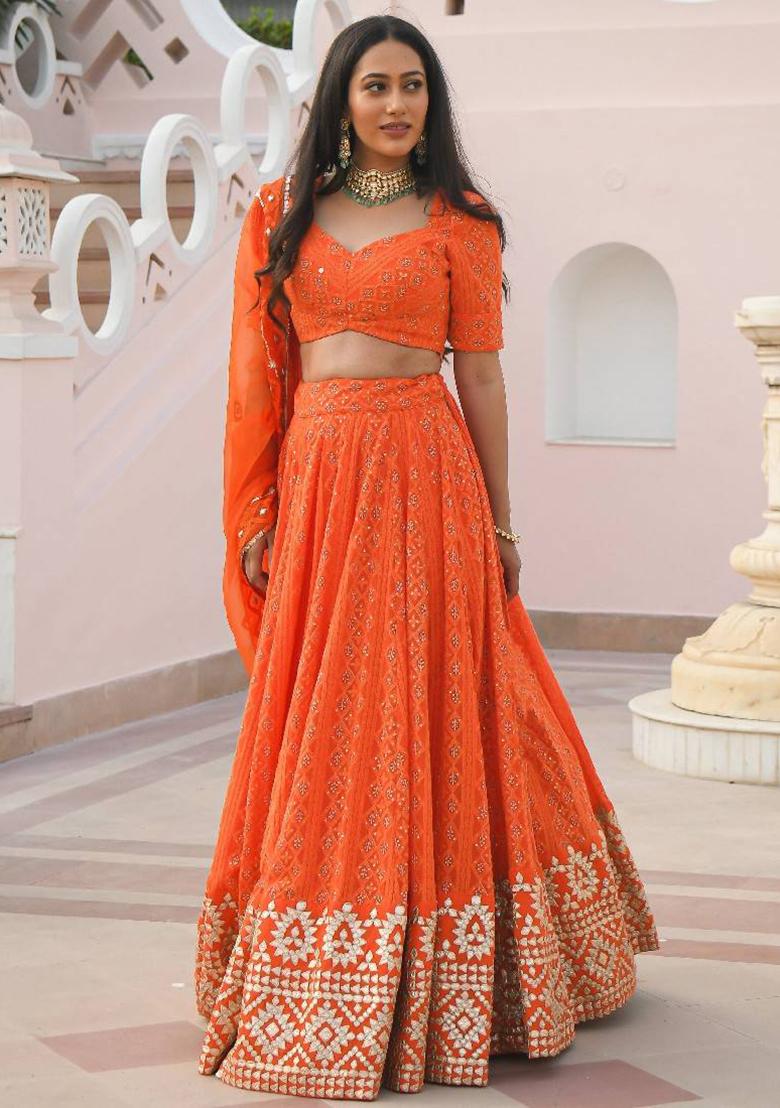 Orange Embroidered Georgette Lehenga Set