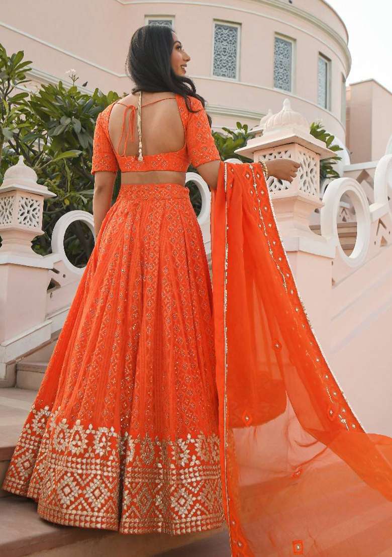 Orange Embroidered Georgette Lehenga Set for Diwali and Festive Wear - Indya