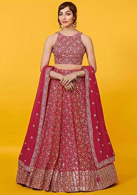 Red Embroidered Georgette Lehenga Set