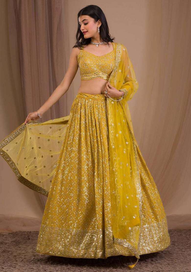 Yellow Georgette Lehenga Set with Embroidered for Diwali | Wedding & Festive Wear - Indya