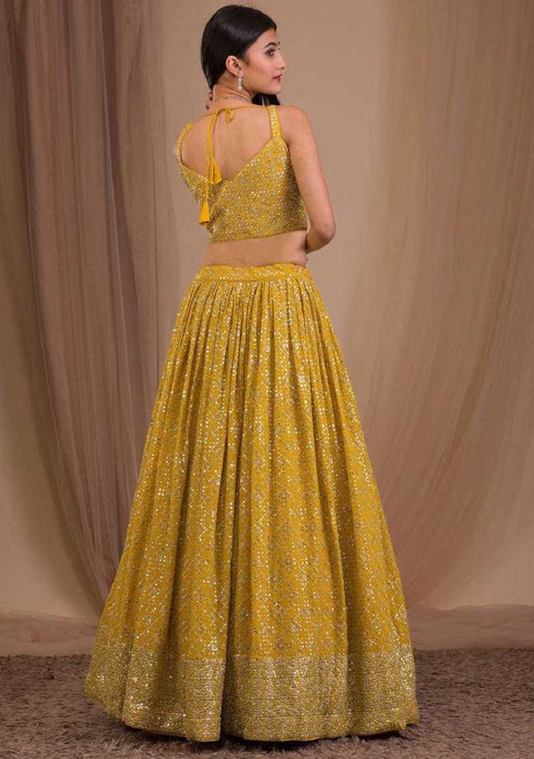 Yellow Georgette Lehenga Set with Embroidered for Diwali | Wedding & Festive Wear - Indya