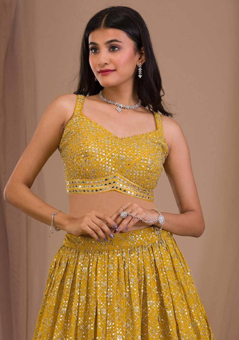 Yellow Embroidered Georgette Lehenga Set