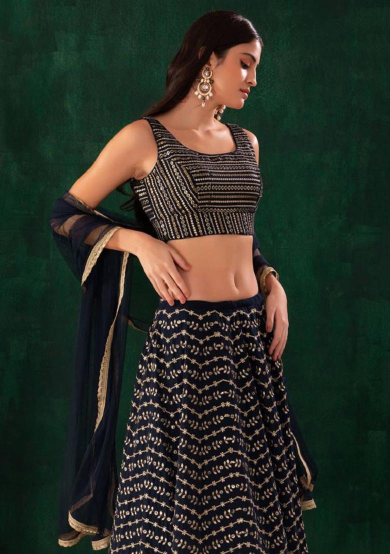 Blue Embroidered Georgette Lehenga Set