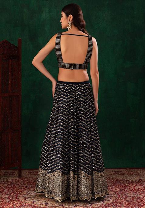 Blue Embroidered Georgette Lehenga Set