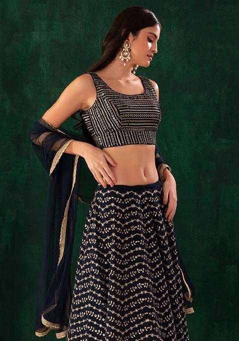 Blue Embroidered Georgette Lehenga Set