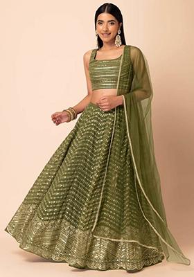 Green Embroidered Georgette Lehenga Set