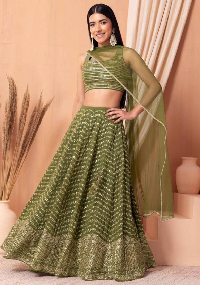 Green Embroidered Georgette Lehenga Set