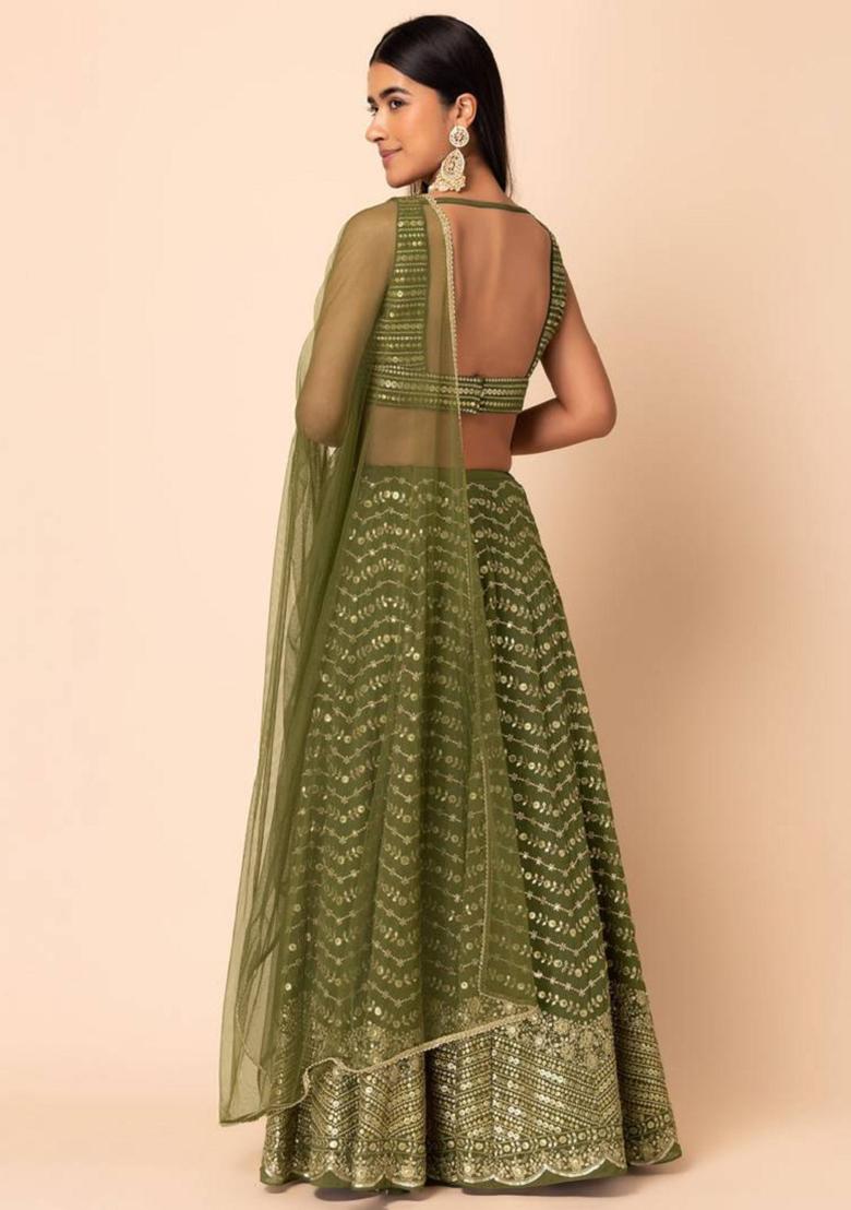 Green Embroidered Georgette Lehenga Set