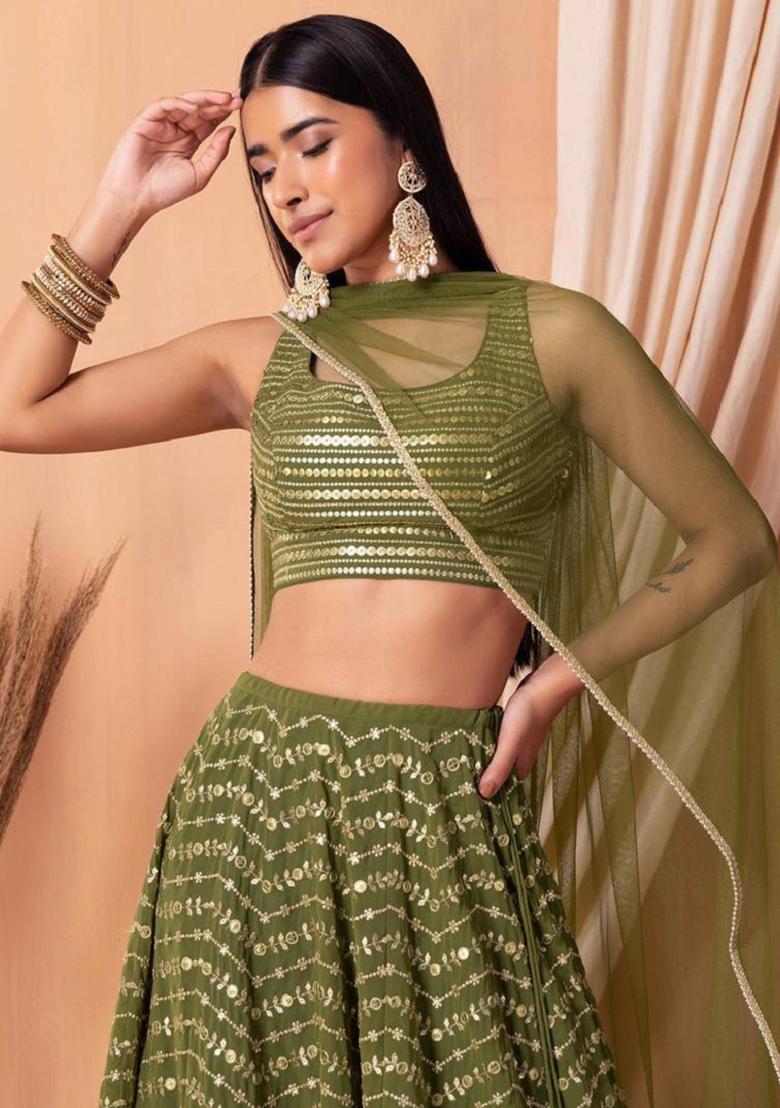 Green Embroidered Georgette Lehenga Set