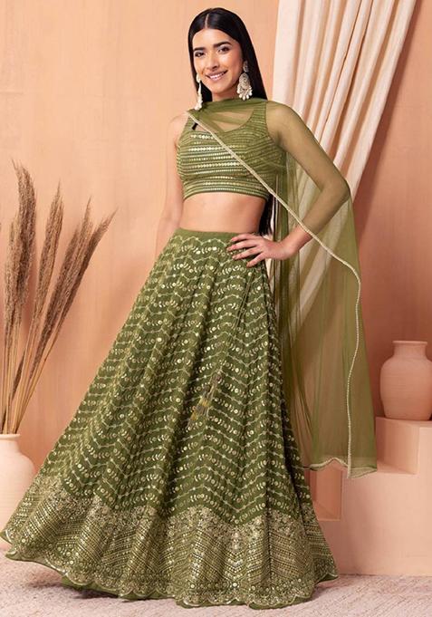 Green Embroidered Georgette Lehenga Set