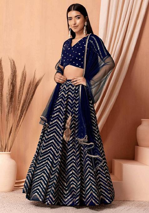 Blue Embroidered Georgette Lehenga Set