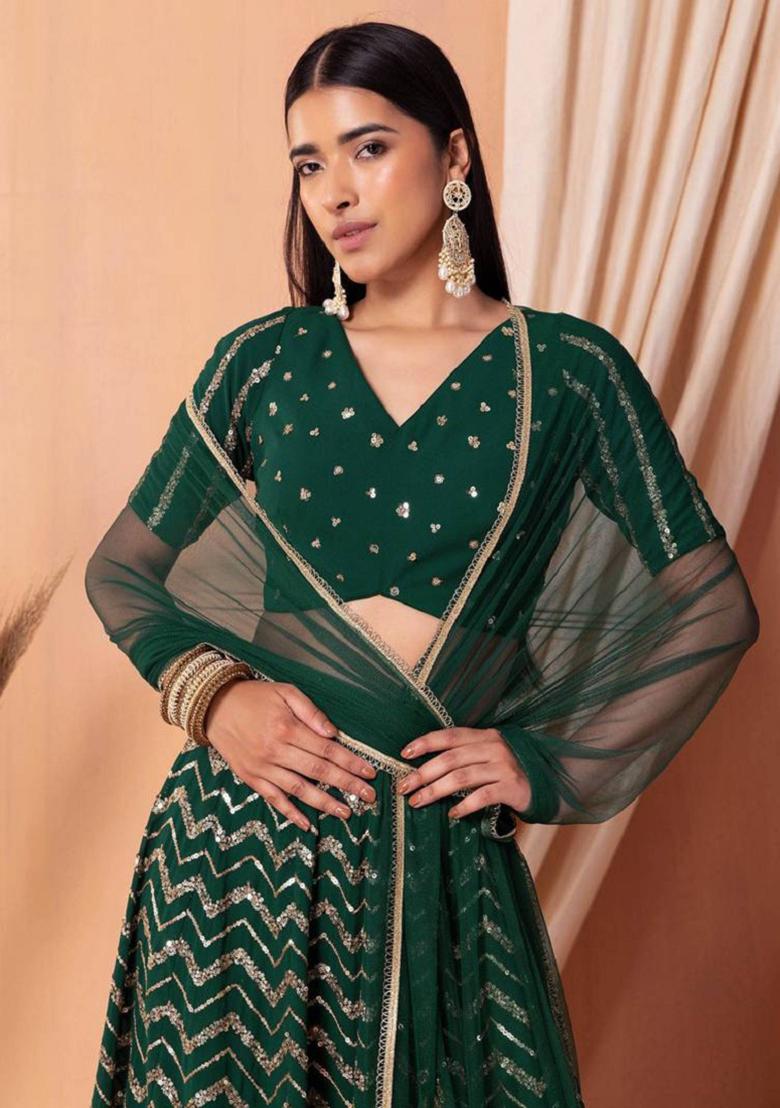 Green Embroidered Georgette Lehenga Set