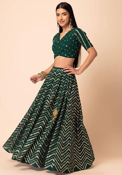 Green Embroidered Georgette Lehenga Set