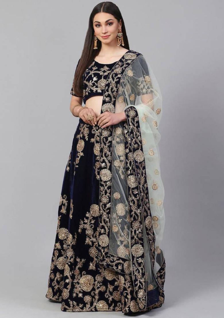 Navy Blue Embroidered Net Lehenga Set