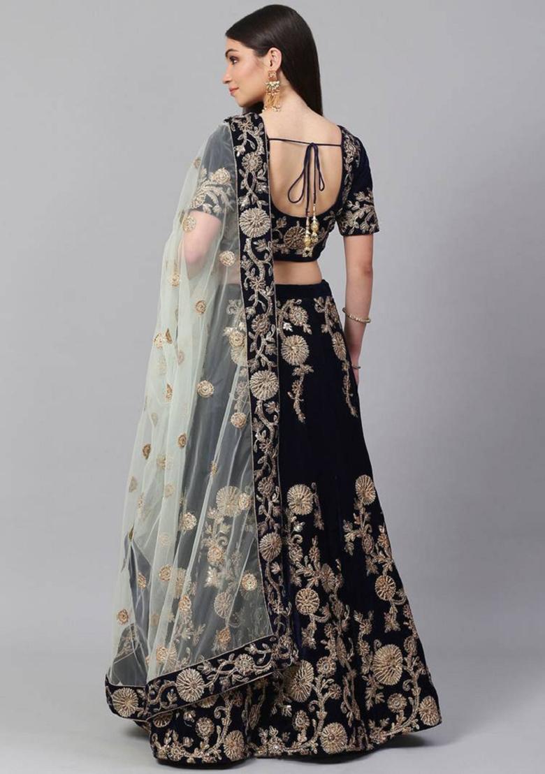 Navy Blue Embroidered Net Lehenga Set