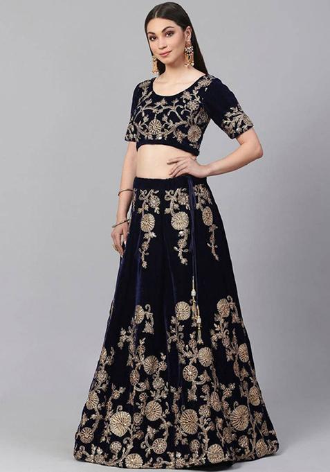 Navy Blue Embroidered Net Lehenga Set