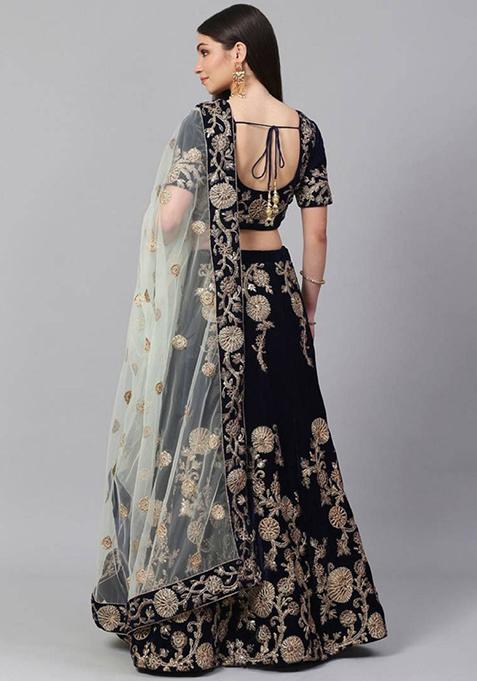 Navy Blue Embroidered Net Lehenga Set