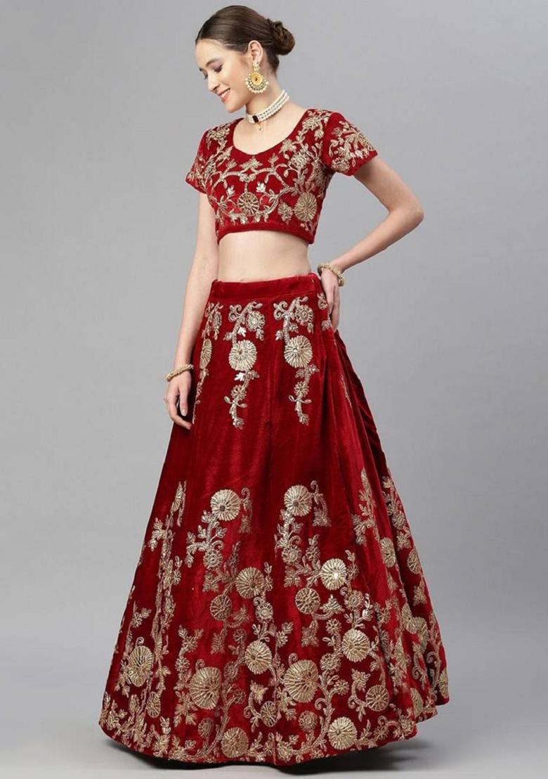 Maroon Embroidered Net Lehenga Set
