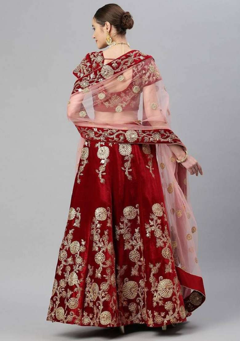 Maroon Embroidered Net Lehenga Set - Indya