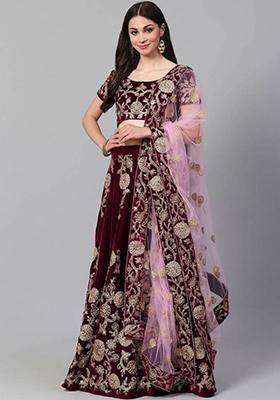 Purple Embroidered Net Lehenga Set