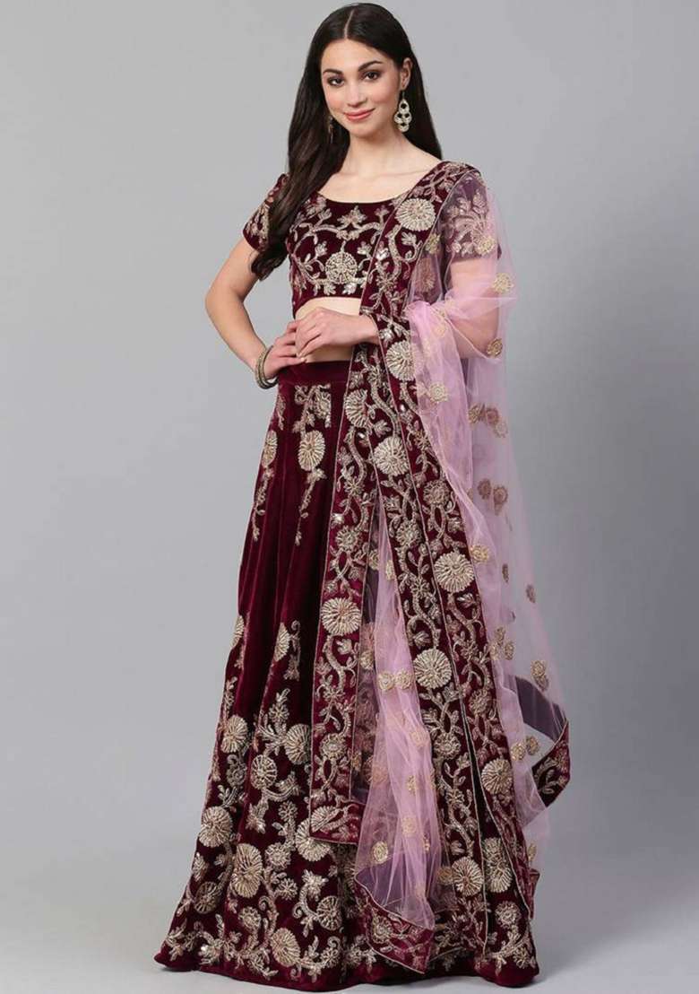 Purple Net Lehenga Set with Embroidered for Diwali | Wedding & Festive Wear - Indya
