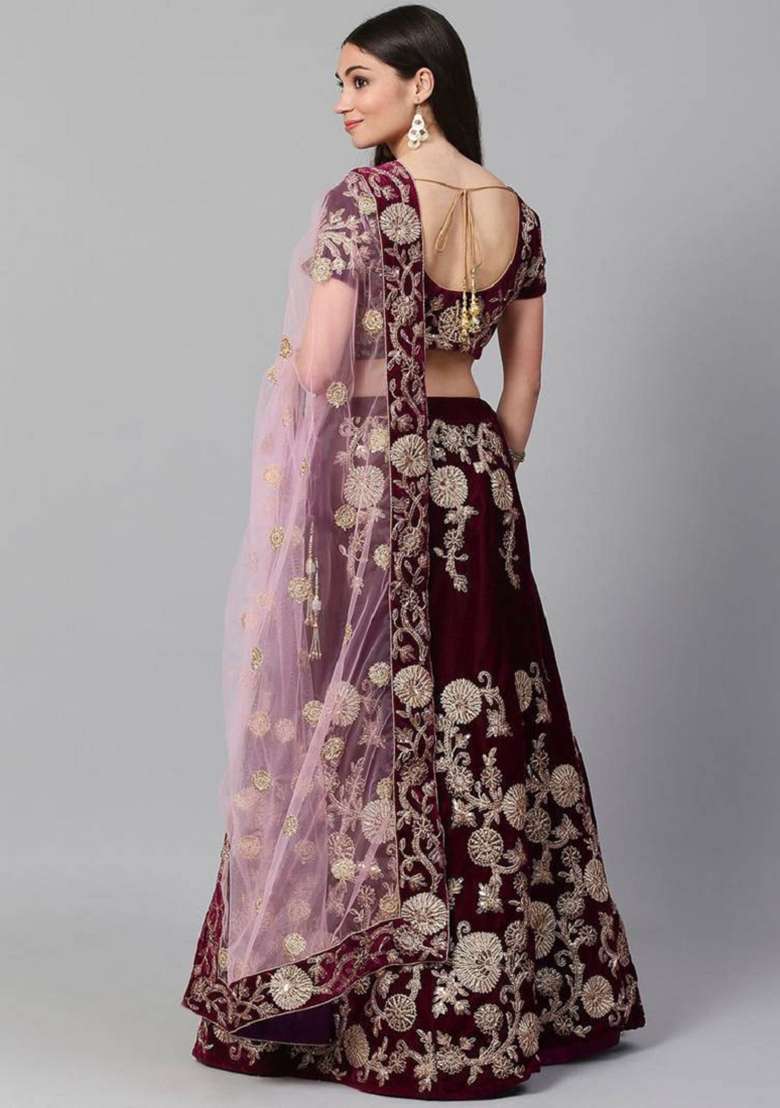 Purple Net Lehenga Set with Embroidered for Diwali | Wedding & Festive Wear - Indya