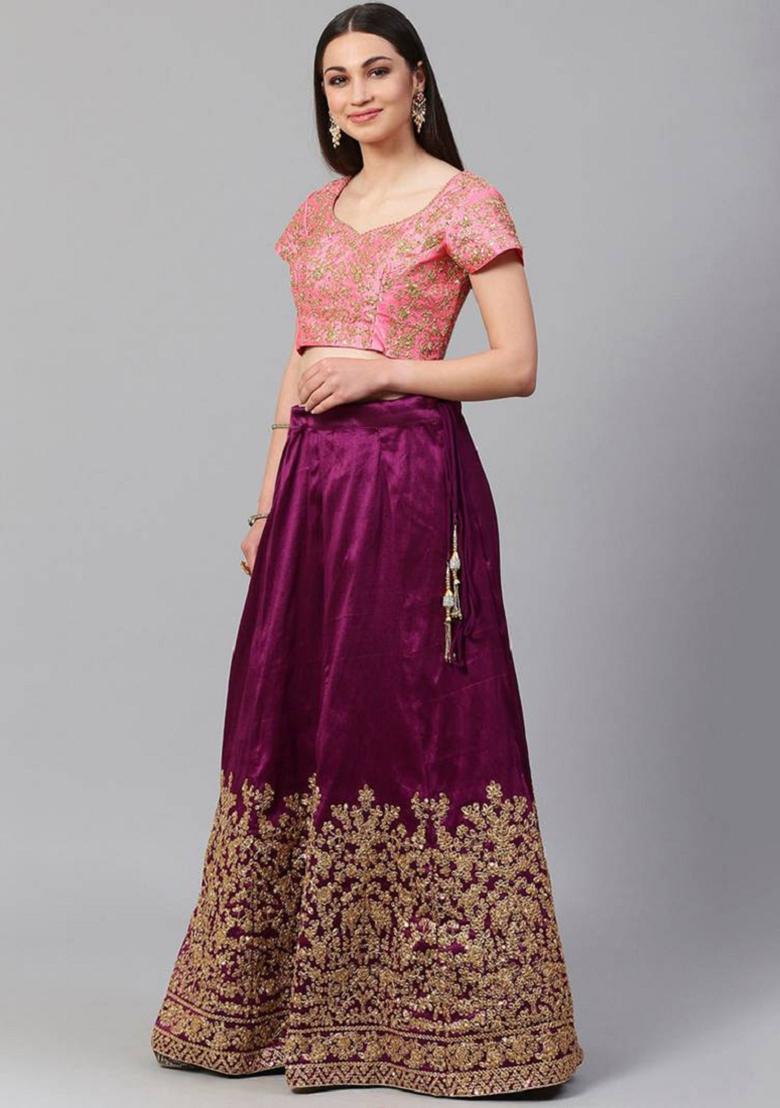 Purple Embroidered Silk Lehenga Set