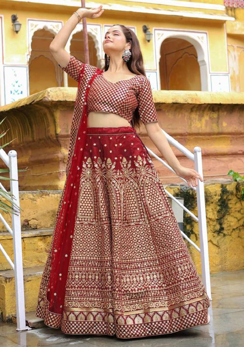 Red Silk Blend Lehenga Set with Embroidered for Diwali | Wedding & Festive Wear - Indya