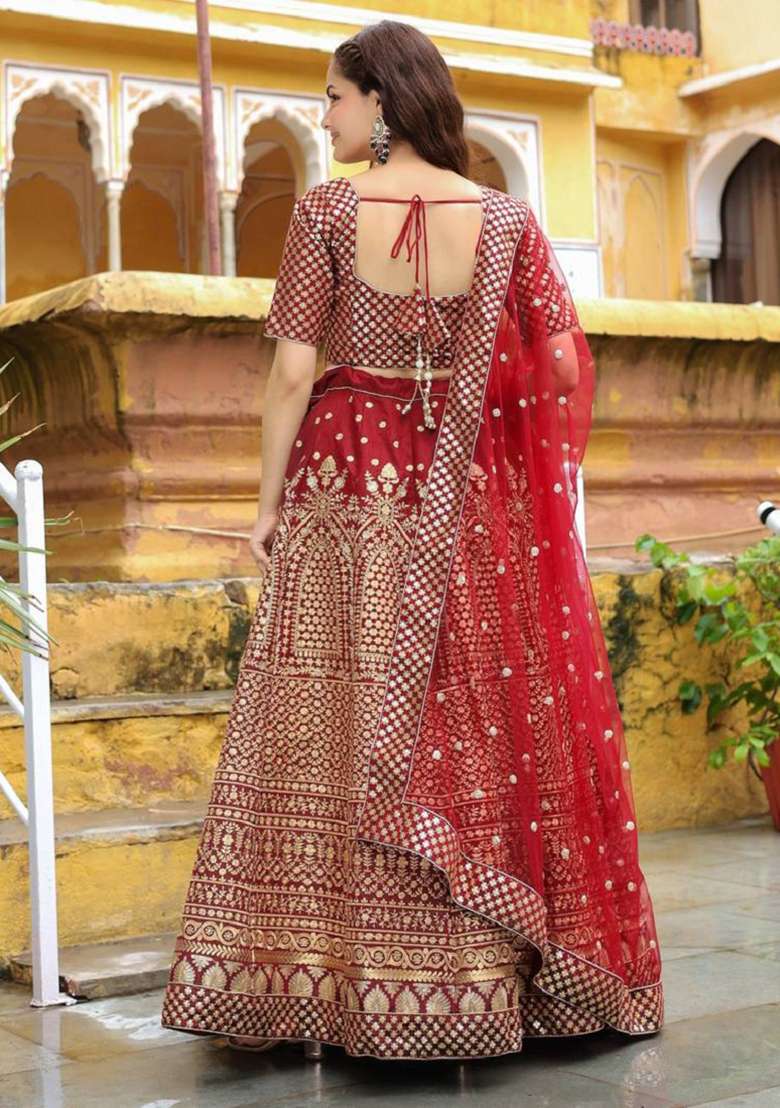 Red Silk Blend Lehenga Set with Embroidered for Diwali | Wedding & Festive Wear - Indya