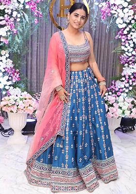 Blue Embroidered Chinon Lehenga Set